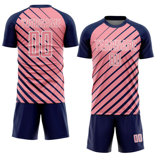 Custom Navy Medium Pink-White Lines Sublimation Soccer Uniform Jersey alternate