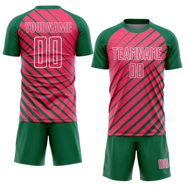 Custom Kelly Green Neon Pink-White Lines Sublimation Soccer Uniform Jersey alternate