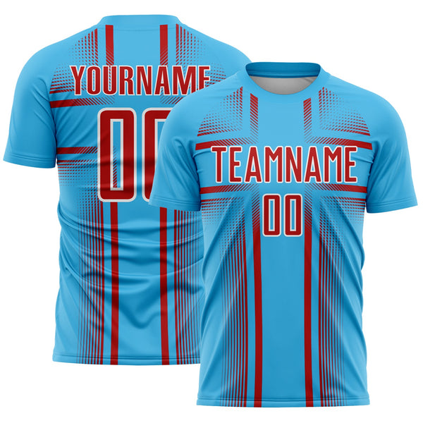 Custom Sky Blue Red-White Lines Sublimation Soccer Uniform Jersey