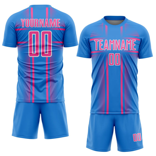 Custom Powder Blue Pink-White Lines Sublimation Soccer Uniform Jersey alternate