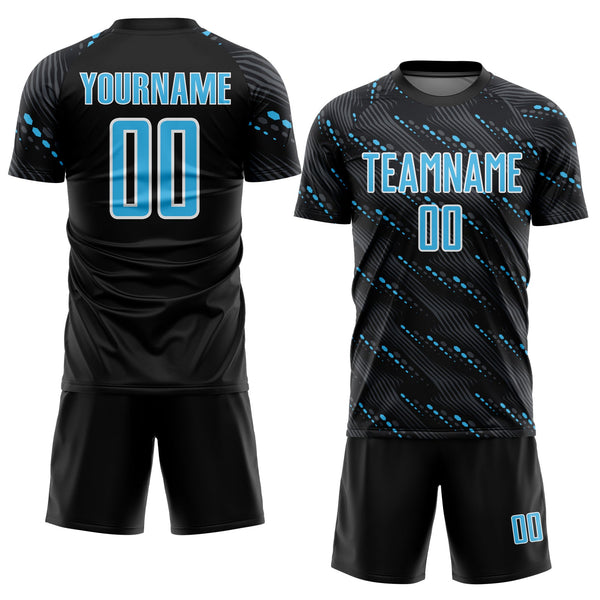 Custom Black Sky Blue-White Slant Lines Sports Sublimation Soccer Uniform Jersey alternate