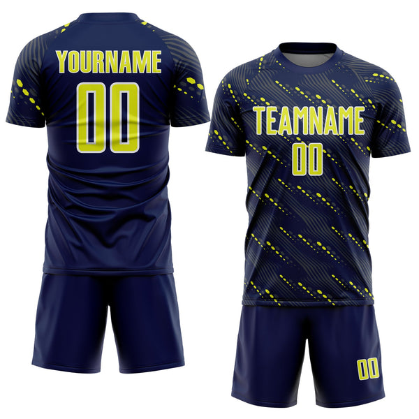 Custom Navy Neon Yellow-White Slant Lines Sports Sublimation Soccer Uniform Jersey alternate