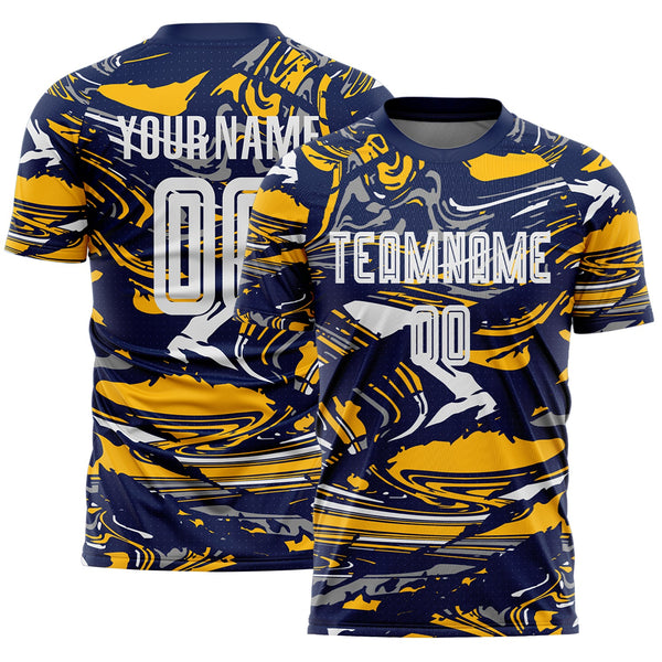Custom Figure White Navy-Gold Fluid Art Splash Sublimation Soccer Uniform Jersey
