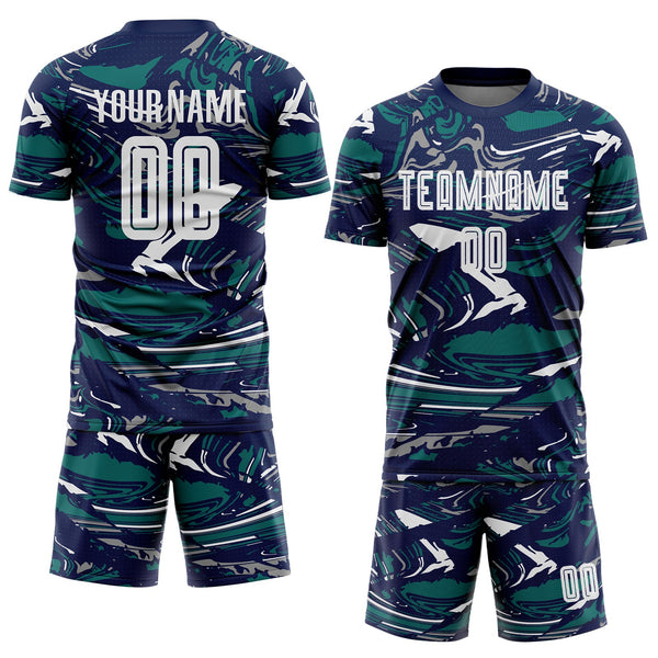 Custom Figure White Navy-Teal Fluid Art Splash Sublimation Soccer Uniform Jersey alternate