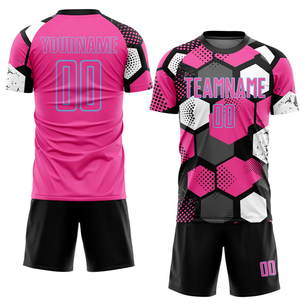 Custom Black Pink Light Blue-White Geometric Shape Sublimation Soccer Uniform Jersey alternate