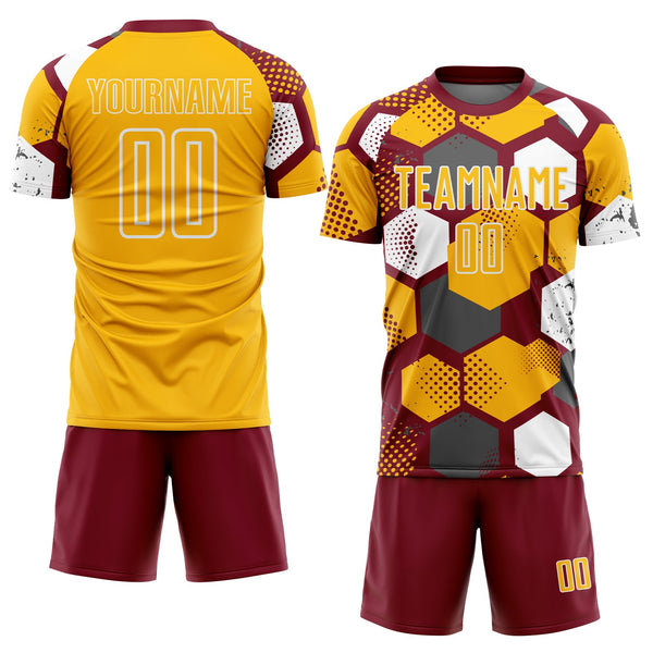 Custom Crimson Gold-White Geometric Shape Sublimation Soccer Uniform Jersey alternate