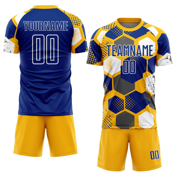 Custom Gold Royal-White Geometric Shape Sublimation Soccer Uniform Jersey alternate