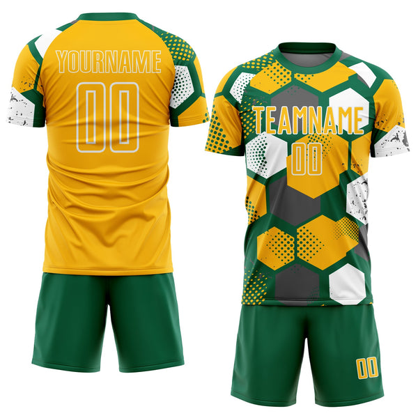 Custom Kelly Green Gold-White Geometric Shape Sublimation Soccer Uniform Jersey alternate