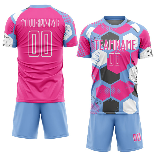 Custom Light Blue Pink-White Geometric Shape Sublimation Soccer Uniform Jersey alternate