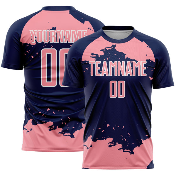 Custom Navy Medium Pink-White Abstract Fragment Art Sublimation Soccer Uniform Jersey
