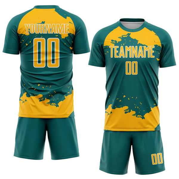Custom Teal Gold-White Abstract Fragment Art Sublimation Soccer Uniform Jersey alternate