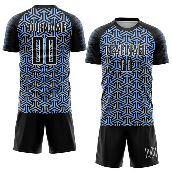 Custom Black Light Blue-White Geometric Arrow Sublimation Soccer Uniform Jersey alternate