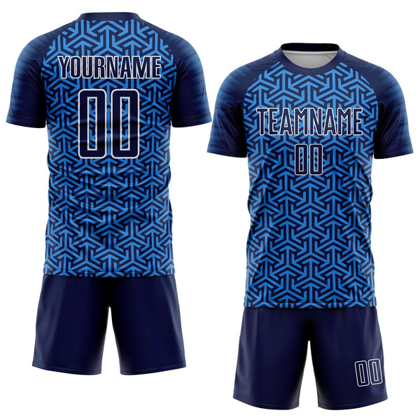 Custom Navy Powder Blue-White Geometric Arrow Sublimation Soccer Uniform Jersey alternate