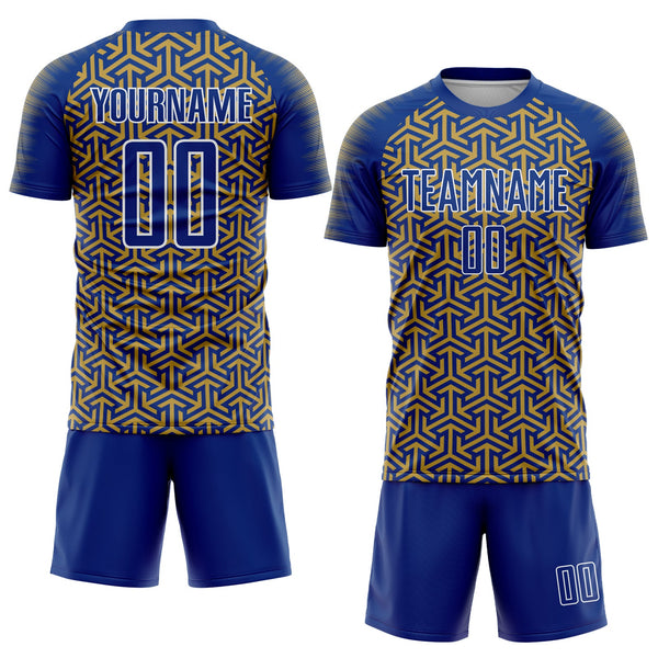 Custom Royal Old Gold-White Geometric Arrow Sublimation Soccer Uniform Jersey alternate