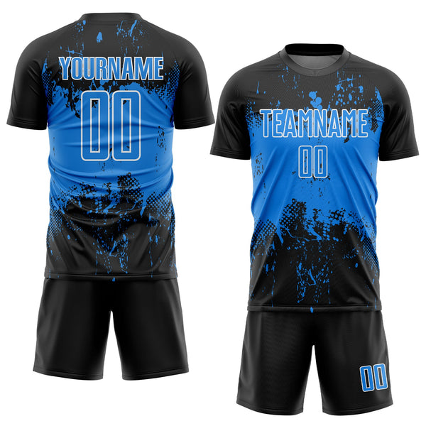 Custom Black Powder Blue-White Abstract Splatter Grunge Art Sports Sublimation Soccer Uniform Jersey alternate