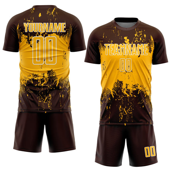 Custom Brown Gold-White Abstract Splatter Grunge Art Sports Sublimation Soccer Uniform Jersey alternate