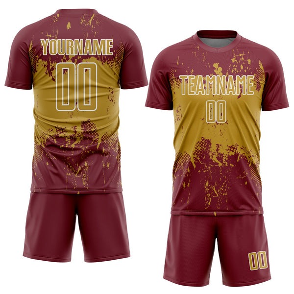 Custom Burgundy Old Gold-White Abstract Splatter Grunge Art Sports Sublimation Soccer Uniform Jersey alternate