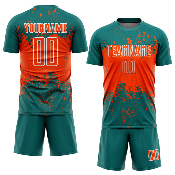 Custom Teal Orange-White Abstract Splatter Grunge Art Sports Sublimation Soccer Uniform Jersey alternate