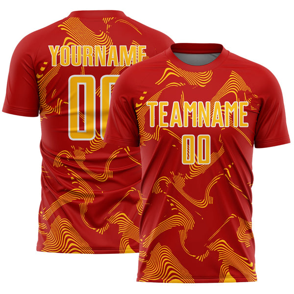 Custom Red Gold-White Curve Lines Sports Sublimation Soccer Uniform Jersey