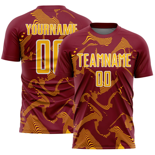 Custom Crimson Gold-White Curve Lines Sports Sublimation Soccer Uniform Jersey