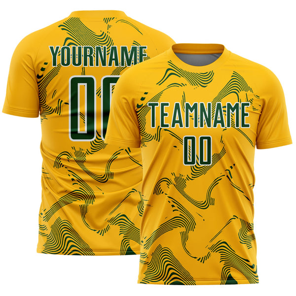 Custom Gold Green-White Curve Lines Sports Sublimation Soccer Uniform Jersey