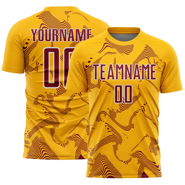 Custom Gold Crimson-White Curve Lines Sports Sublimation Soccer Uniform Jersey