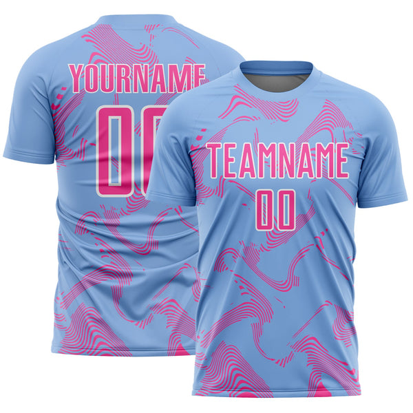 Custom Light Blue Red-White Curve Lines Sports Sublimation Soccer Uniform Jersey