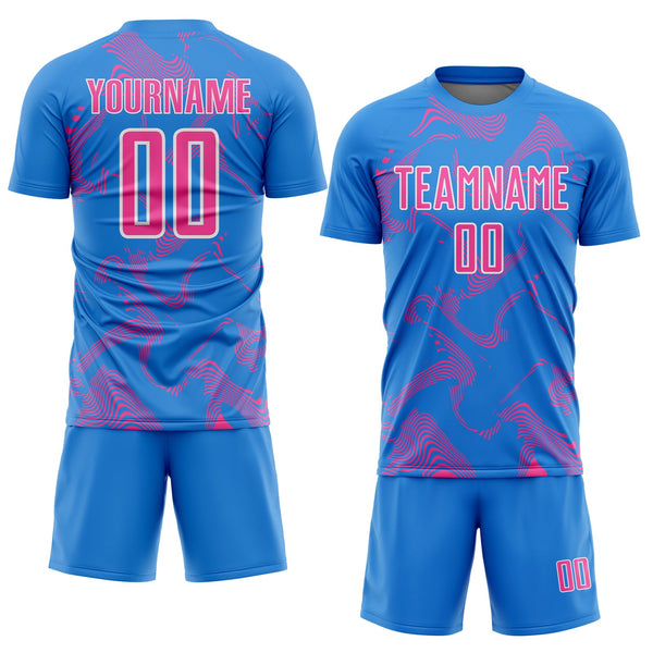Custom Powder Blue Pink-White Curve Lines Sports Sublimation Soccer Uniform Jersey alternate