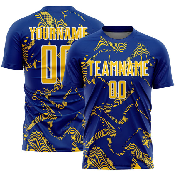 Custom Royal Yellow-White Curve Lines Sports Sublimation Soccer Uniform Jersey