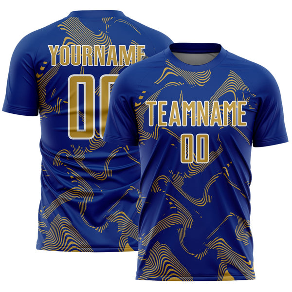 Custom Royal Old Gold-White Curve Lines Sports Sublimation Soccer Uniform Jersey