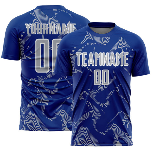 Custom Royal Gray-White Curve Lines Sports Sublimation Soccer Uniform Jersey