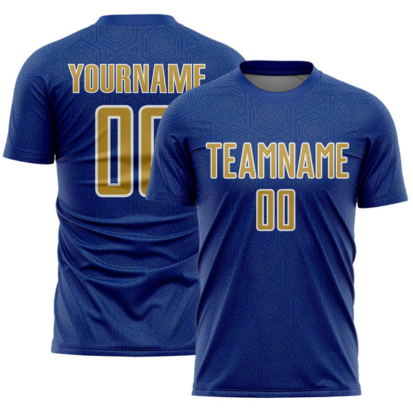 Custom Royal Old Gold-White Geometric Shape Sports Sublimation Soccer Uniform Jersey