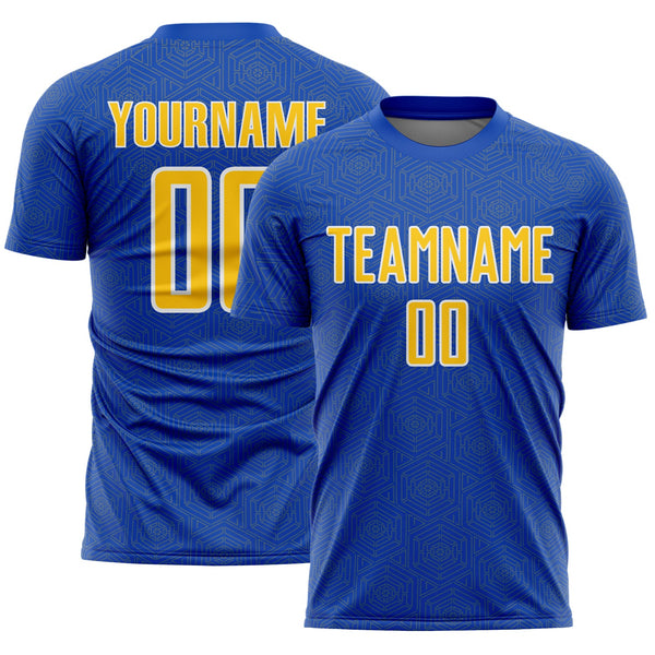 Custom Thunder Blue Yellow-White Geometric Shape Sports Sublimation Soccer Uniform Jersey