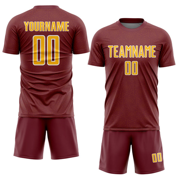 Custom Burgundy Gold-White Geometric Shape Sports Sublimation Soccer Uniform Jersey alternate