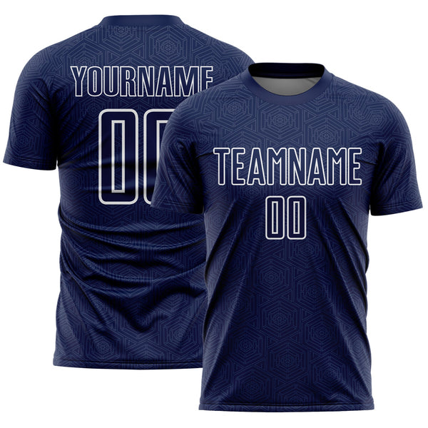 Custom Navy White Geometric Shape Sports Sublimation Soccer Uniform Jersey