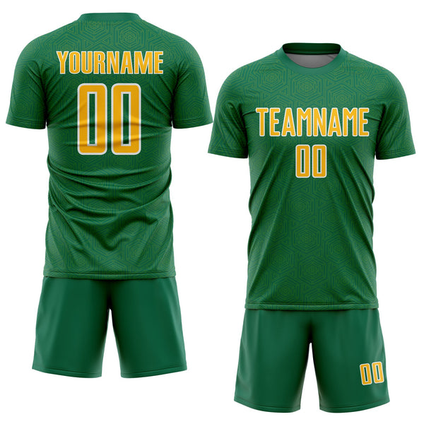 Custom Kelly Green Gold-White Geometric Shape Sports Sublimation Soccer Uniform Jersey alternate
