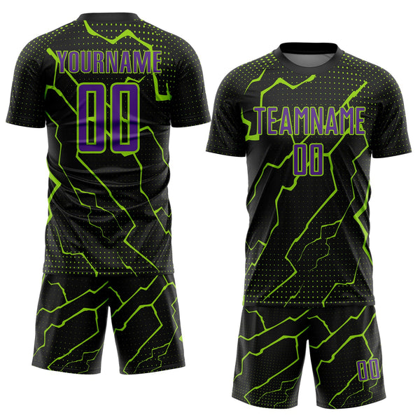Custom Black Purple-Neon Green Lightning Sports Sublimation Soccer Uniform Jersey alternate