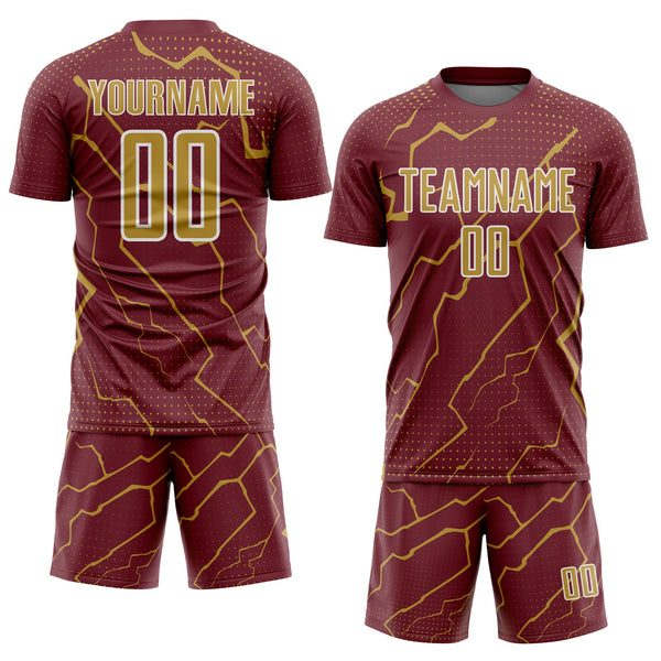 Custom Burgundy Old Gold-White Lightning Sports Sublimation Soccer Uniform Jersey alternate