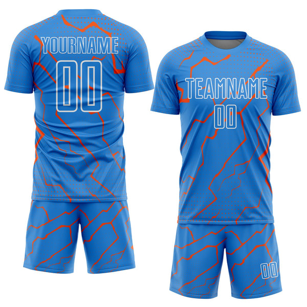 Custom Powder Blue Orange-White Lightning Sports Sublimation Soccer Uniform Jersey alternate