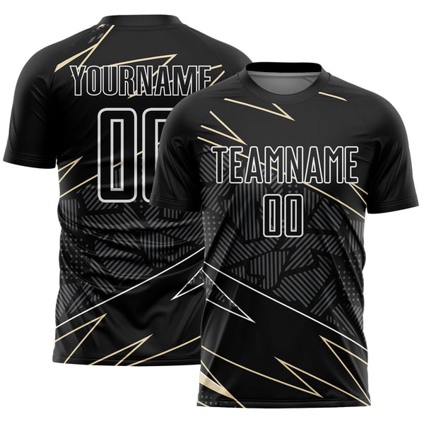 Custom Black Cream-White Lines Sports Sublimation Soccer Uniform Jersey