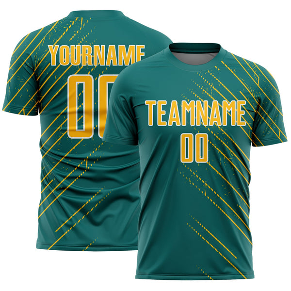 Custom Teal Gold-White Lines Sports Sublimation Soccer Uniform Jersey