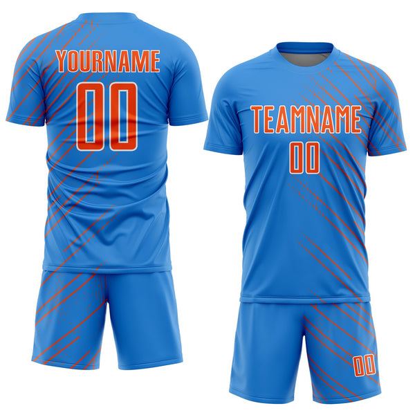 Custom Powder Blue Orange-White Lines Sports Sublimation Soccer Uniform Jersey alternate