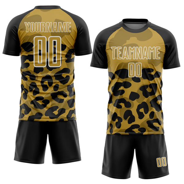 Custom Black Old Gold-White Animal Leopard Print Sports Sublimation Soccer Uniform Jersey alternate