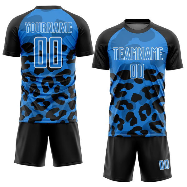 Custom Black Powder Blue-White Animal Leopard Print Sports Sublimation Soccer Uniform Jersey alternate