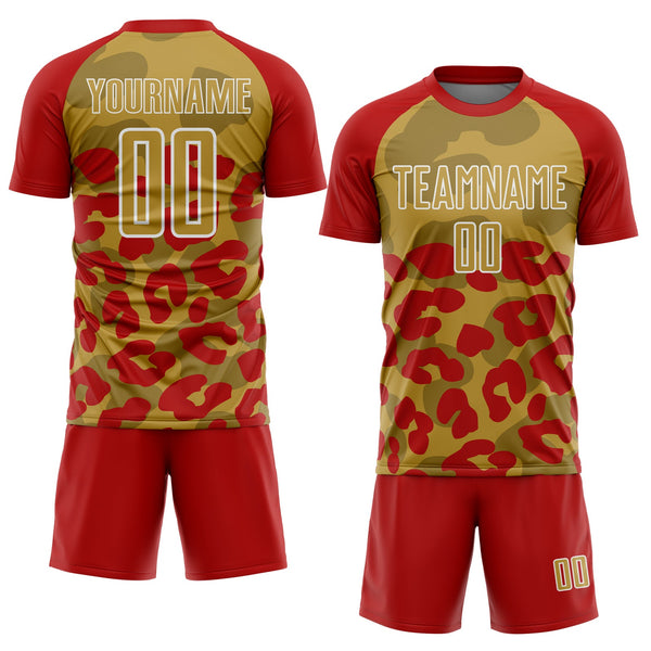 Custom Red Old Gold-White Animal Leopard Print Sports Sublimation Soccer Uniform Jersey alternate