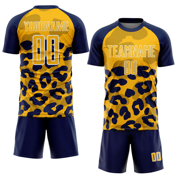 Custom Navy Gold-White Animal Leopard Print Sports Sublimation Soccer Uniform Jersey alternate