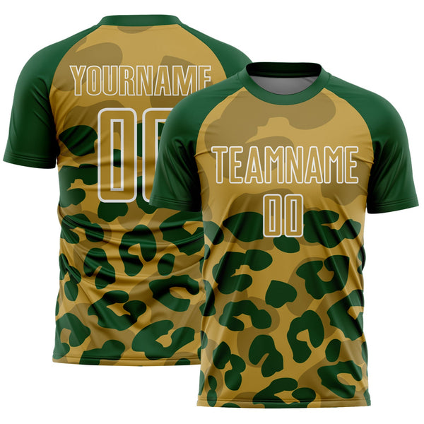 Custom Green Old Gold-White Animal Leopard Print Sports Sublimation Soccer Uniform Jersey
