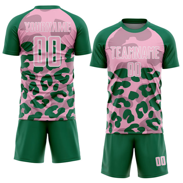 Custom Kelly Green Light Pink-White Animal Leopard Print Sports Sublimation Soccer Uniform Jersey alternate