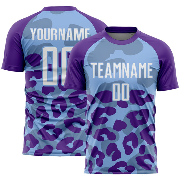 Custom Purple White-Light Blue Animal Leopard Print Sports Sublimation Soccer Uniform Jersey