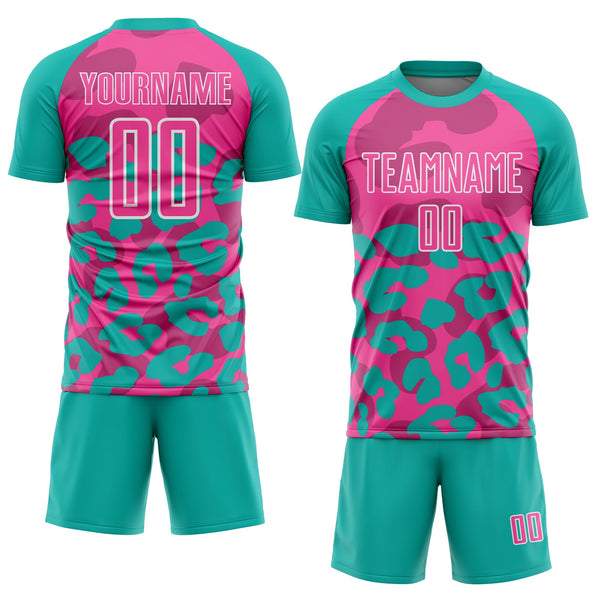 Custom Aqua Pink-White Animal Leopard Print Sports Sublimation Soccer Uniform Jersey alternate